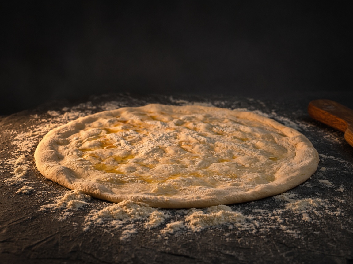 Pizza dough stretched on dark stone in ember light