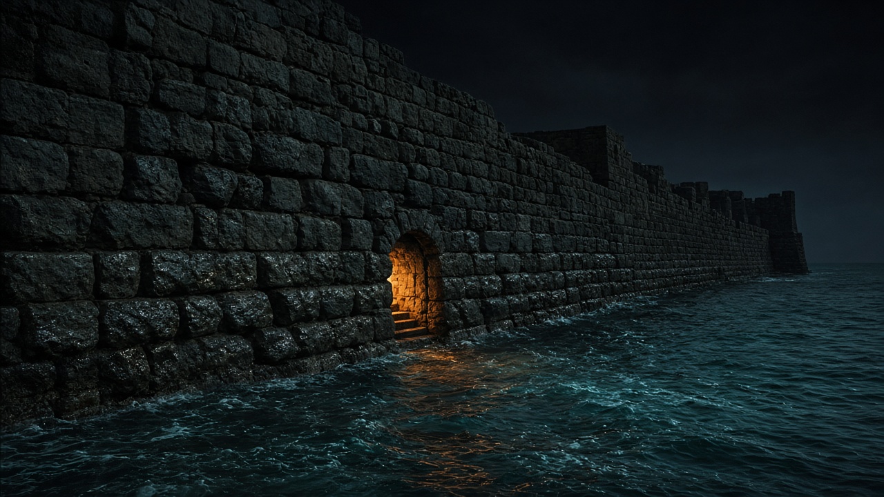 Akko sea walls at night with a warm doorway glow